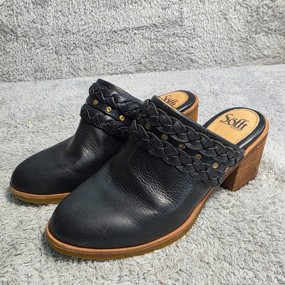 Sofft Leather‎ Clog Mules Black Braided Studded Block Heel Womens 8M Excellent